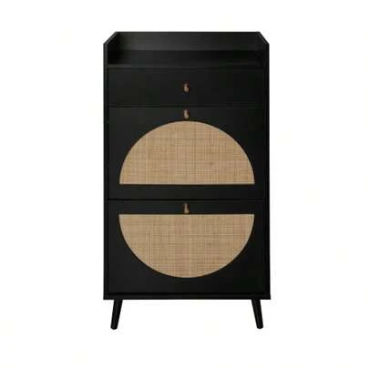 Shoe Cabinet With Two Doors And One Drawer In Black, Rattan Look, Interchangeable Semi-Circular Doors, Double Shelf, Length 60 Cm, Without Back Panel, Suitable For Hallways And Similar Areas