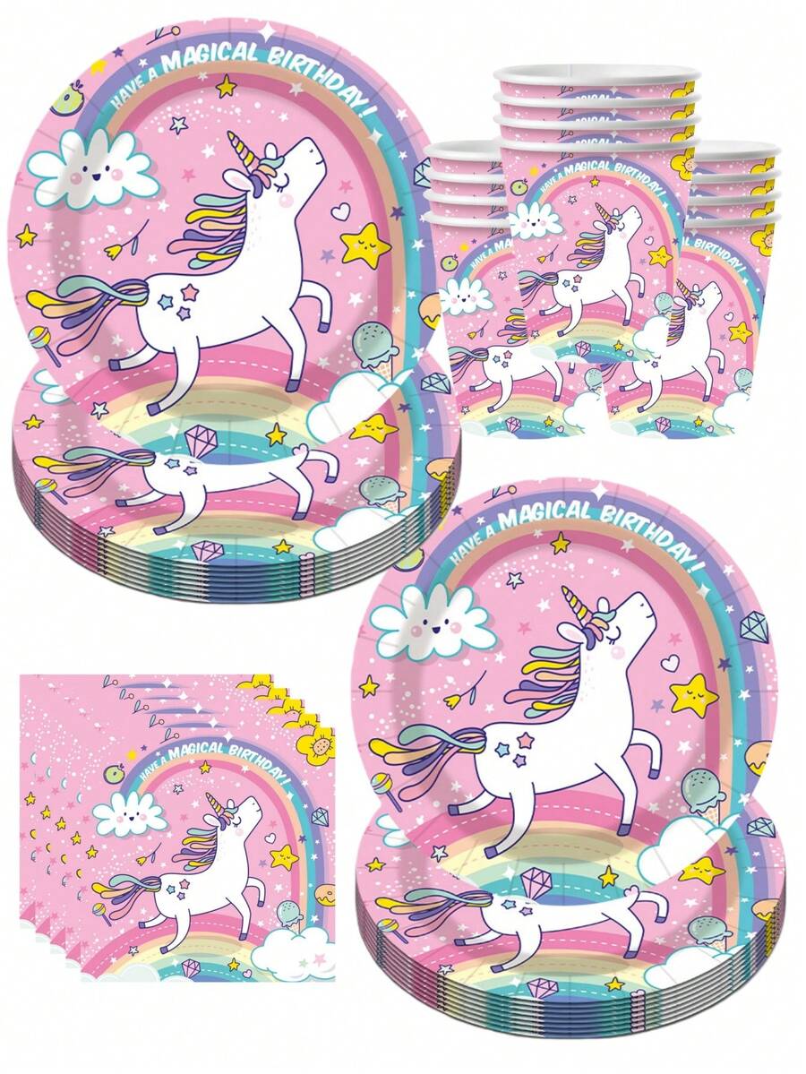 50件套独角兽生日派对用品套装 - 粉色彩虹主题纸盘和纸杯，一次性餐具，适合儿童生日装饰，是女孩独角兽主题派对、梦幻生日庆典和儿童派对礼物的完美之选，也是节日餐桌装饰的必备品，助您打造难忘的生日乐趣。