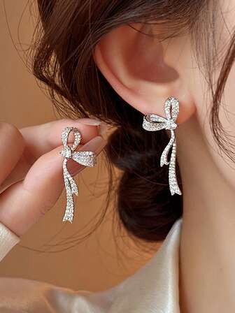 1 par de pendientes de botón con lazo de cinta de moda, pendientes brillantes y exclusivos de alta gama para mujeres