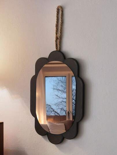 Art Deco Style Textured Frame Wall Mirror With Hemp Rope Hanger, Vintage Decorative Mirror For Bedroom Living Room Wall Decor