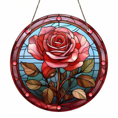 2D Flat, 1pc Painted Glass Rose Pendant - Round Acrylic Hanging Decor, Suitable For Home, Window, Garden, Christmas, Valentine's Day, Wedding, Birthday Decoration - Lightweight And Durable Indoor/Outdoor Decor - Perfect Gift Idea With Vibrant 2D Flat Design And Painted Glass Art Effect - Decorative Art For Living Room, Bedroom Or Party Decoration, 2D Flat