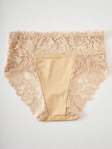 1pc Apricot Fabric High Waist Panties With Lace Detail Medium Stretch Casual Underwear For Women - Apricot - View 2