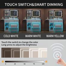 FUSOU 35'' Vanity Desk With LED Mirror, RGB Lighted Makeup Vanity With Charging Station, Open Shelves & Large Tempered Cabinet, 2 Drawers Glass Top Vanity With Chair For Bedroom, White - 白色 - 查看 6