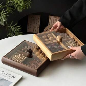 1pc Square Compartment Fruit Plate, Natural Color Grid Dessert Display Tray, Multifunctional Fruit Platter, Suitable For Dining Table Decor, Home And Kitchen