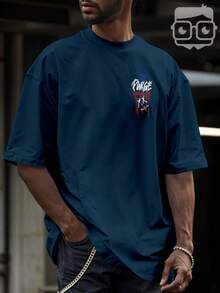 Oversized Streetwear T-Shirt With Typographic Graffiti Art Print, Skater Style Back REF 3346 VEST NERD - 藏蓝色 - 查看 6