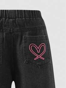 Girls' Casual Jeans, Spring/Autumn 2025 New Heart Embroidery Pocket Loose Straight Leg Pants, Versatile Wide Leg Trousers For Students - Black - View 9