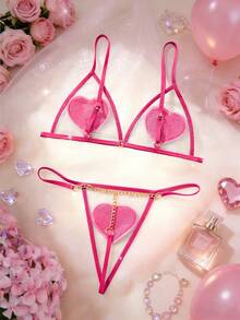 Valentine's Day New Red Love Bra Set Sexy Underwear Suit Perspective Mesh Low Waist Sexy Thong Sexy Lingerie For Women - Hot Pink - View 4