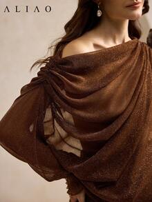 Aliao Exquisite Off-The-Shoulder See Through Long-Sleeve Top, Back To School, Going Out Tops Women, Old Money Style, Court Style, Wedding Season, Valentine's Day Outfit - Coffee Brown - View 1