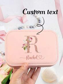 1pc Customized Jewelry Box For Valentine's Day, Bridesmaid Jewelry Box, Can Print Name And Initial, Elegant PU Leather Women's Jewelry Box, Suitable As Valentine's Day Gift, Wedding Gift, Anniversary Gift, Large Capacity Jewelry Box To Store Necklaces, Bracelets, Earrings, Etc.