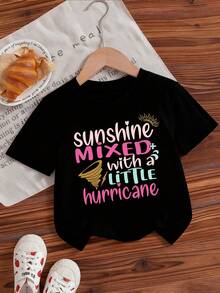 A Casual, Fashionable, And Comfortable Short Sleeved Baby Girl T-Shirt With A Colorful English Letter Print Pattern, Featuring A Playful And Lively Style That Highlights Childlike Fun And Decoration. It Is Suitable For Daily Casual Wear - 黑色 - 查看 2