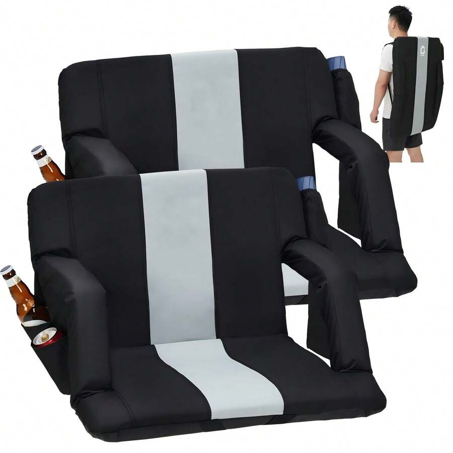 Extra Wide Stadium Bleacher Seat With 6-Position Recline, Thick Padded Cushion & Back Support, Anti-Slip Mat, Armrests, Cup Holder, Large Storage Pockets ,Comfort Chair For Outdoor Sports,24.5" - Black and Gray - View 1