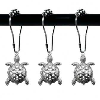 12pcs/Set Sea Turtle Bathroom Shower Curtain Hooks, Silver Metal Curtain Rings, Decorative Bathroom Accessories Set, Tropical Beach Themed Bathroom Decor