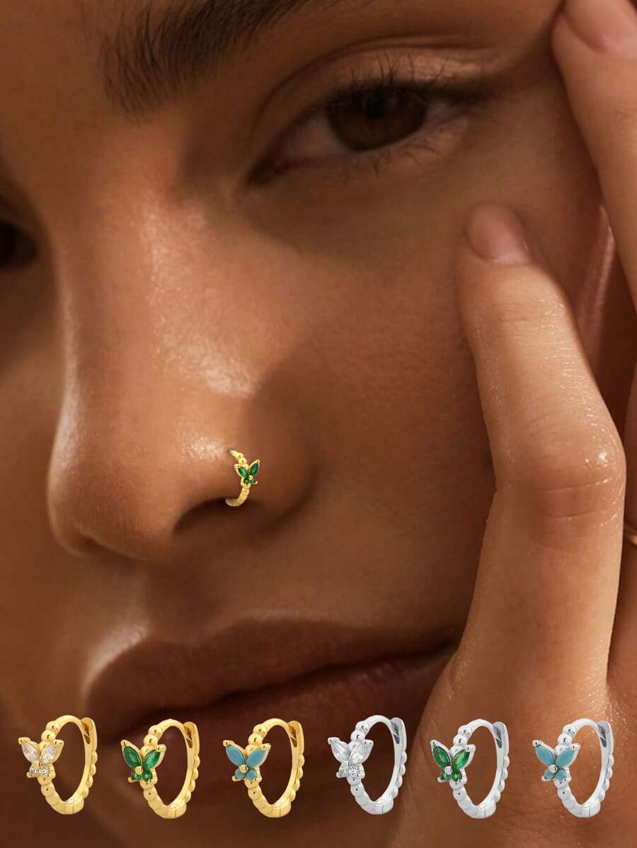 1 chiếc khuyên mũi hình bướm đính đá bằng bạc Sterling S925 - Món quà trang sức lý tưởng để đeo hàng ngày dành tặng bạn gái, mẹ và chị gái. - phụ kiện bông tai đơn - Xem 1