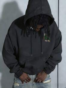 男士时尚百搭休闲仙鹤印花连帽卫衣，秋冬款 - 深灰色 - 查看 2