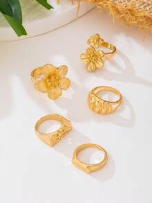 5pcs Women's Stackable Rings Set With Floral, Numeric, Geometric Metal Textured Designs - Yellow Gold - View 3