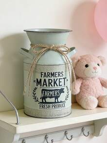 Distressed Green Iron Dual-Handled Decorative Milk Can Bottle Printed With "FARMERS MARKET" And Cow Graphic, Vintage Worn Texture With Jute Rope Tie, Suitable For Rustic Floral Vases, Storage, Home And Retail Displays To Create A Natural, Earthy Ambiance. - Four Seasons Double-eared Teapot 7 - View 12