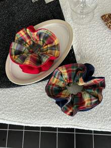 Korean Style Red & Blue Plaid Double-Layer Scrunchie, High Elasticity Hair Tie, Winter New Ponytail Hair Accessory ,Scrunchy