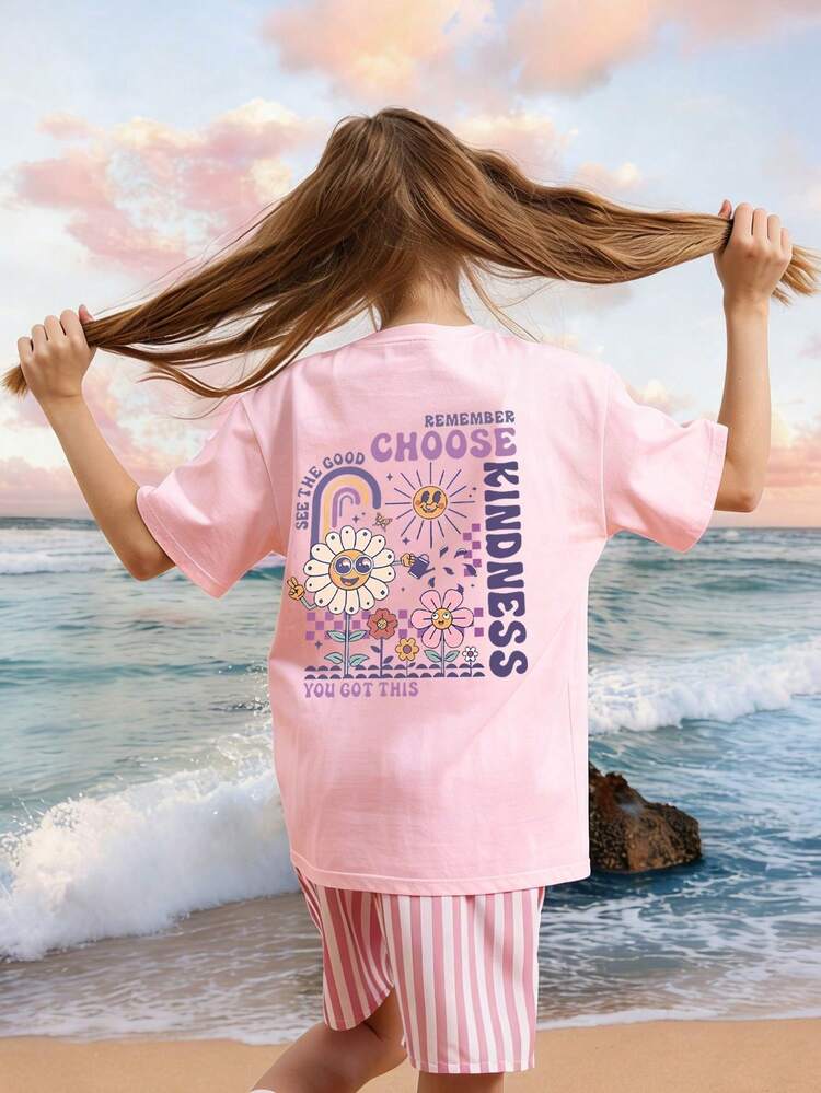 1pc Tween Girl Printed Pullover Short Sleeve T-Shirt, Student Young Kid's Comfortable & Fashionable Summer Top - Pink - View 2