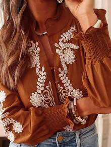 Women's Casual Vacation Embroidered Single-Breasted Loose Shirt Spring - Rust Brown - View 3
