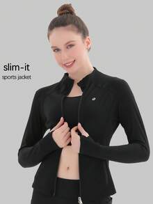 Women's Stand Up Collar Zipper Long Sleeved Thumb Hole Minimalist Fashion Sports Jacket Casual Sports Slim Zipper Pocket Jacket, Spring And Autumn Women's Clothing - 黑色 - 查看 9