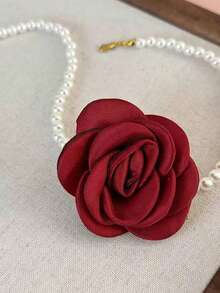 1件女士优雅仿珍珠布艺花朵串珠项链，适合派对佩戴 - 紅色 - 查看 4