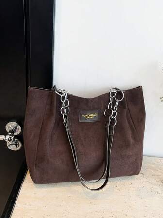 Vintage Suede Large Tote Bag For Women, Autumn/Winter, Fashion Letter Gold Foil Decor, Spacious, Detachable Chain Strap, Versatile Shoulder/Handbag