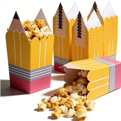 12pcs/6pcs Pencil Shaped Popcorn Boxes, Creative Paper Snack Candy Boxes, Suitable For Back To School Party, Teacher's Day, Classroom Decor, Children's Birthday, School Events, Carnival, Snack Bags And Snack Boxes, Creative Pencil Gift Boxes, Theme Birthday Party, Graduation Celebration