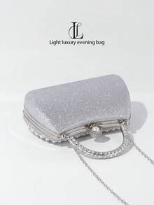 Elegant Fashion Diamond & Pearl Decor Clutch Bag, High-End Formal Evening Dress Party Handbag, Suitable For Wedding, Party, Gala, Diamond & Pearl Women Purse - Silver - View 6