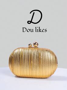 Shiny Pleated Mini Egg-Shaped Clutch Bag, Elegant Metal Double Pearl Snap Design, Suitable For Party Girls, Brides, College Students, Young Professionals, Parties, Celebrations, Weddings, With Metal Chain - Gold - View 9