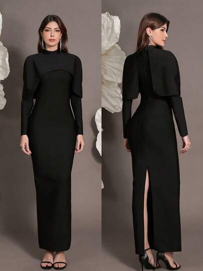 Long Sleeve Bandage Knit Bodycon Dress, Luxury Sexy Fitted Party Dress For European And American Style, Suitable For Holiday, Family Gathering, Evening Party, Banquet