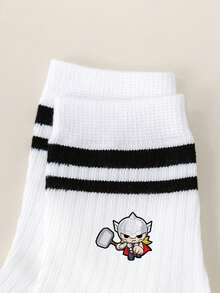 Marvel 1/5双漫威对称蜘蛛侠、钢铁侠、绿巨人、雷神图案儿童短袜，女童短袜，男童短袜，日常/派对礼物/复活节/春夏袜，荷叶边袜，黑白条纹中筒袜，柔软透气短袜