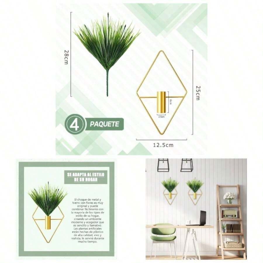 Set de 4 Jardineras Colgantes con Plantas Artificiales, Decoracin Geomtrica de Pared Jarrn Colgante de Metal Porta Plantas de Pared para Saln Dormitorio Oficina Dorado - Dorado - Ver 1