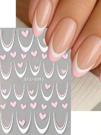 Pegatinas de uñas francesas en forma de corazón rosa 3D, pegatinas de uñas románticas con forma de corazón calado para el Día de San Valentín, pegatinas de uñas con forma de corazón autoadhesivas, calcomanías autoadhesivas con forma de corazón y texto francés con brillo de PVC, pegatinas de decoración de uñas con patrón en forma de corazón, pegatinas de decoración de uñas francesas con forma de corazón, estilos rosa y blanco adecuados para el arte de uñas del Día de San Valentín y la boda, elegante arte de uñas con decoración