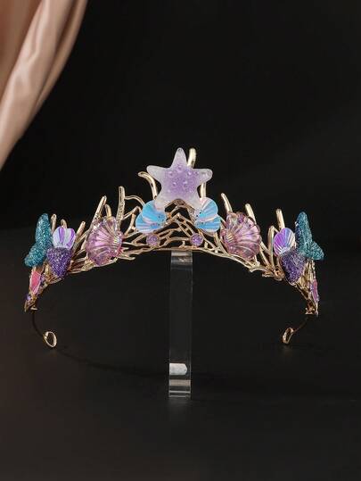 Corona de diadema hecha a mano con flores de estrella de mar, conchas y adornos de aleación, cristal y resina, corona de princesa y reina con lentejuelas, accesorio para el cabello de estilo oceánico