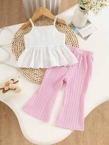 2pcs Baby Girls' Outfit Set, Floral Decorated Ruffle Strap Top And Solid Color Flared Pants, Fresh And Gentle Style, Cute And Playful, Suitable For Casual Daily Wear, Spring/Summer - Pink - View 2