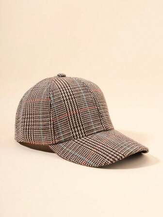 1pc Women's Baseball Caps Checkered Woolen Vintage Winter Hat Simple And Fashionable Women's Accessories Kpop