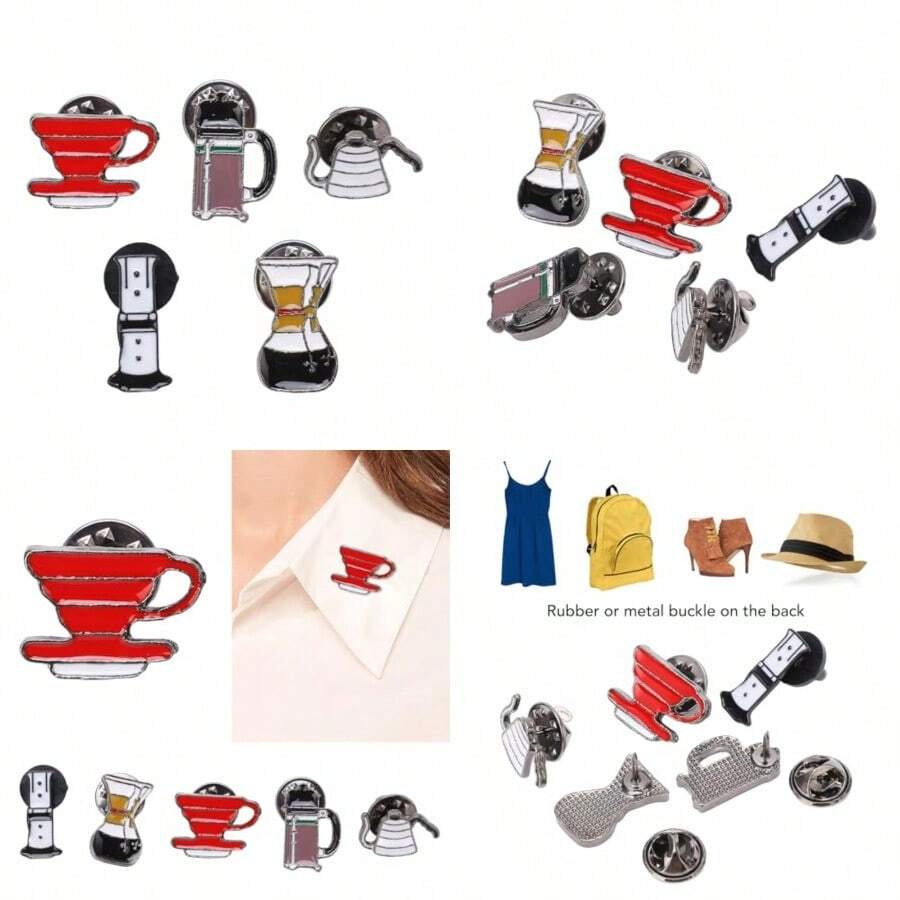 Mujeres Cubrir Broche Botón 5pcs Novedad Broche Pin Broche Botón Cafetera Herramientas Serie Patrón DIY Fabricación Aleación Ligero Decorativo Solapa Pins para Bolsa 5pcs Novedad Broche - como en la foto - Ver 1