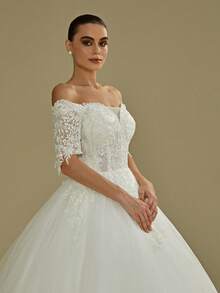 Elegantes funkelndes Brautkleid mit Blumen-Strass-Muster und Off-Shoulder Kurzarm-Design, geeignet für Hochzeitsfeiern, alle Jahreszeiten - Beige - Übersicht 6