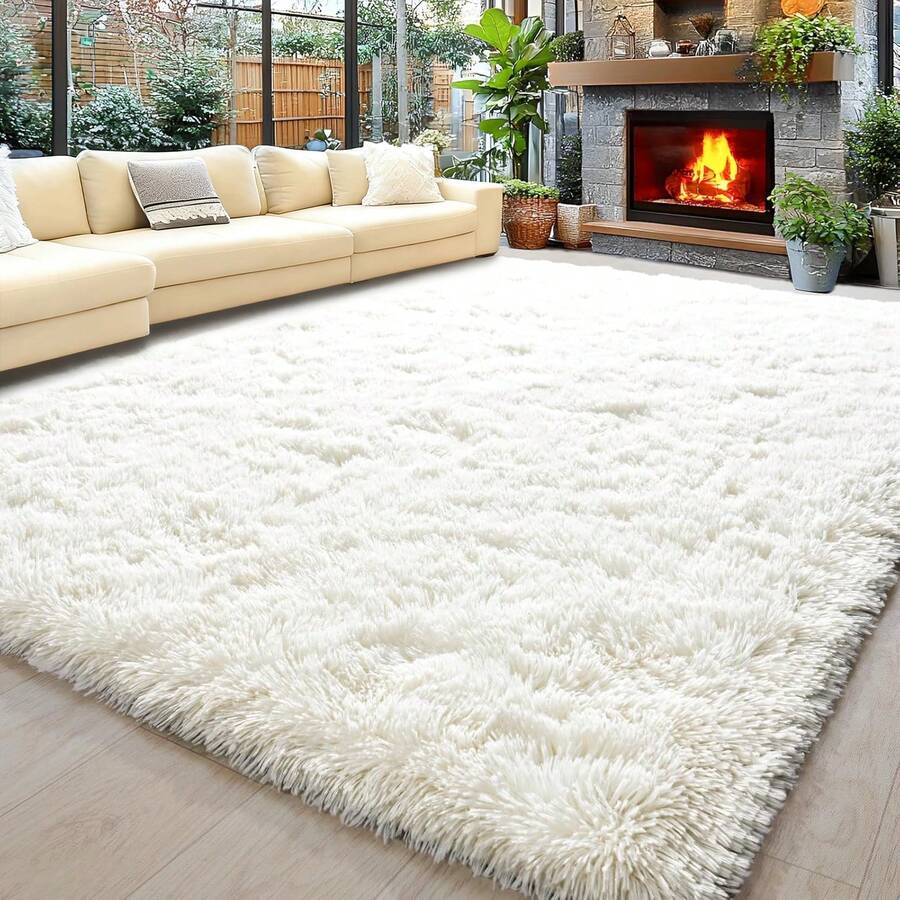 Living Room Rugs, Bedroom Rugs – Ultra Soft Plush Rug, Fluffy Shaggy Carpet, Washable Area Rug With Non-Slip Backing & 4 Free Grip Stickers, Modern Home Dorm Decor, Multiple Sizes 4x6 5x7 6x9 8x10 9x12 10x14, Black Rug - 象牙白 - 查看 1