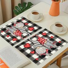 1/4/6/8/12 Stücke Set, Rotes Herz Muster, Valentinstag, Karomuster, Leinen Tischsets, waschbare bedruckte Tischsets, Oberflächenschutzmatten, Tischsets für Innen und Außen, geeignet für Feierlichkeiten und Küchendekoration - Verschiedenfarbig - Übersicht 9