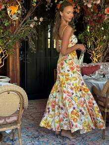 Fashionable Vacation Style Random Print Spaghetti Strap Hollow Out Twist Back Dress - White - View 5