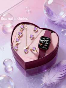 6件套优雅可爱的LED心形数字显示电子手表，专为女孩设计，适合佩戴。套装包含手链、项链、戒指和耳环，是生日/节日礼物的理想之选，也适合返校、聚会、旅行等日常场合。毕业季、情人节也是送给女孩的完美礼物。 - 彩色 - 查看 4