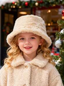 儿童冬季仿毛皮蓬松渔夫帽，卡其色宽松帽，新年礼物，儿童冬季配饰，情人节旅行户外礼物 - 彩色 - 查看 5