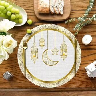 مجموعة من 2/4/6 قطع من الحصائر البسيطة والأنيقة ذات موضوع رمضان، مصممة بنقوش الهلال الذهبي والفوانيس، مع زخارف نجمية - حصائر طاولة مستديرة بقطر 15 بوصة، مناسبة لتزيين طاولات الحفلات والأعياد. مناسبة لديكور المنزل، وتزيين طاولات الأعياد، والديكور الريفي للأعياد، والنمط الريفي، وحصائر قابلة للغسيل، ومواد متينة، وتزيين طاولات الأعياد، والترفيه المنزلي.