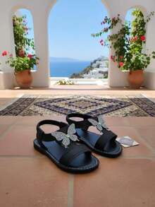 2026 Summer Black Glitter Bow Slip-On Flat Sandals, Soft PU Toe-Exposed Casual Sandals Suitable For Daily, Beach, Travel, Home, Party Wear - Black - View 11