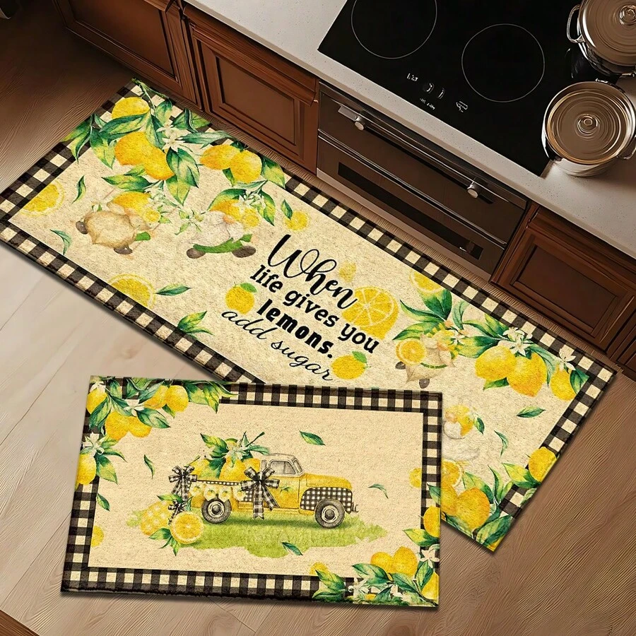 1 pieza Alfombra impresa con patrón de limón, tapete de lana sintética - Altamente absorbente, fácil de limpiar, adecuado para decoración del hogar, estilo rústico, entrada, interior, habitación, cocina, comedor, oficina pequeña/oficina en casa, fregadero, lavandería, felpudo, alfombrilla de cocina, alfombrilla antideslizante - Multicolor - Ver 1