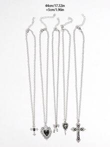 5pcs Gothic Punk Dark Style Necklace Set: Black Heart Necklace, Skull Necklace, Cross Pendant Necklace, Layered Necklaces, Suitable For Women, Great For Valentine's Day, Party, Holiday Gifts - Main Image 5-piece Set - View 10