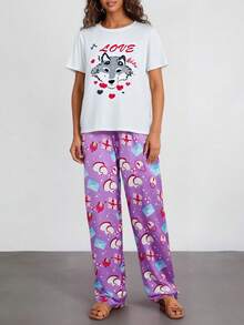 Women's Pajama Set, Wolf & Heart Print Short Sleeve Shirt And Pocket Pants, Valentine's Day Sleepwear And Loungewear Set - Multicolor - View 1