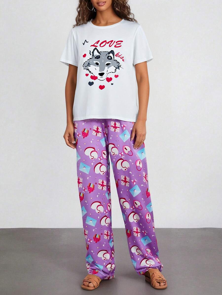 Women's Pajama Set, Wolf & Heart Print Short Sleeve Shirt And Pocket Pants, Valentine's Day Sleepwear And Loungewear Set - Multicolor - View 1