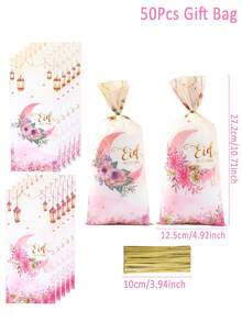 25/50pcs Eid Mubarak Gift Packaging Bag Candy Bag Baking Bag, EID Pink Watercolor Moon Design Party Small Gift Packaging Gift Bag For Eid Mubarak Ramadan Decoration, Party Biscuit Snacks Candy Decorative Baking Bag - Pink Watercolor Moon - View 12
